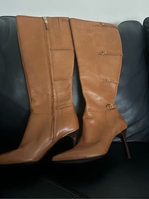 Lauren Ralph Lauren Cognac Leather Knee High Stiletto Boots Triple Buckle Sz 8.5 - Thumbnail 3