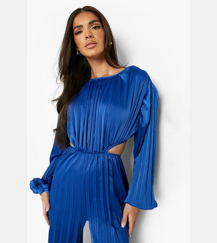 Boohoo Blue Pleated Jumpsuit Size 10 - 10 - Thumbnail 4