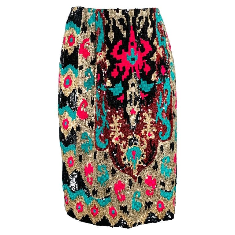 Naeem Khan Black Pink Green Sequined Pencil Below Knee Skirt Size 8 - Image 1
