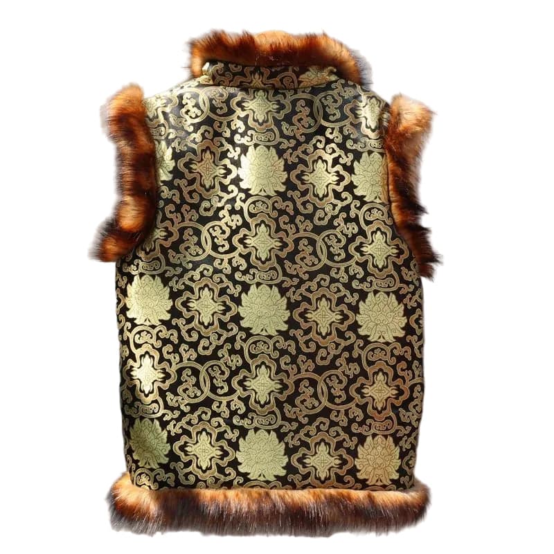 Brocade Print Faux Fur Trim Vest Size Small - Thumbnail 2