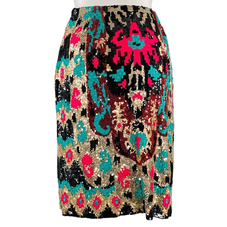 Naeem Khan Black Pink Green Sequined Pencil Below Knee Skirt Size 8 - Thumbnail 3