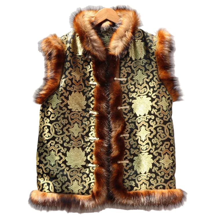 Brocade Print Faux Fur Trim Vest Size Small - Image 1