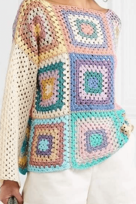 Rose Carmine Multicolored Crochet-Knit Patchwork Sweater One Size Fits Most - Image 1