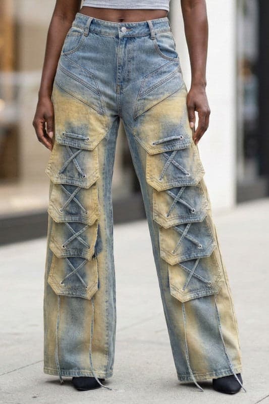 Laced Cargo Wide-Leg Denim Jeans - DENIM WASH / L - Image 1