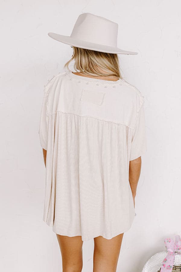 POL Oversized 1/2 Sleeve Pearl Detail Ribbed Top Size Large - Thumbnail 3