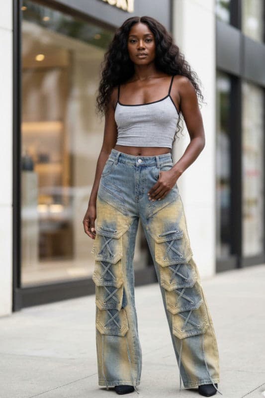 Laced Cargo Wide-Leg Denim Jeans - DENIM WASH / S - Thumbnail 3