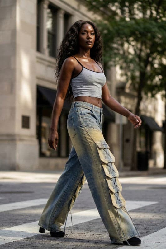 Laced Cargo Wide-Leg Denim Jeans - DENIM WASH / S - Thumbnail 4