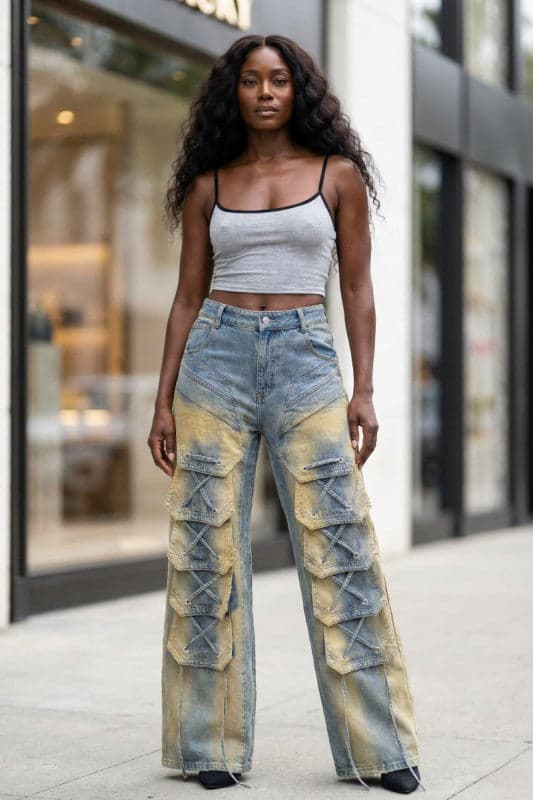 Laced Cargo Wide-Leg Denim Jeans - DENIM WASH / L - Thumbnail 2