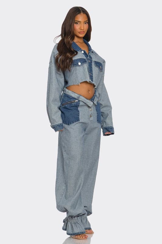 Cropped Contrast Denim Set - DENIM / M - Thumbnail 4