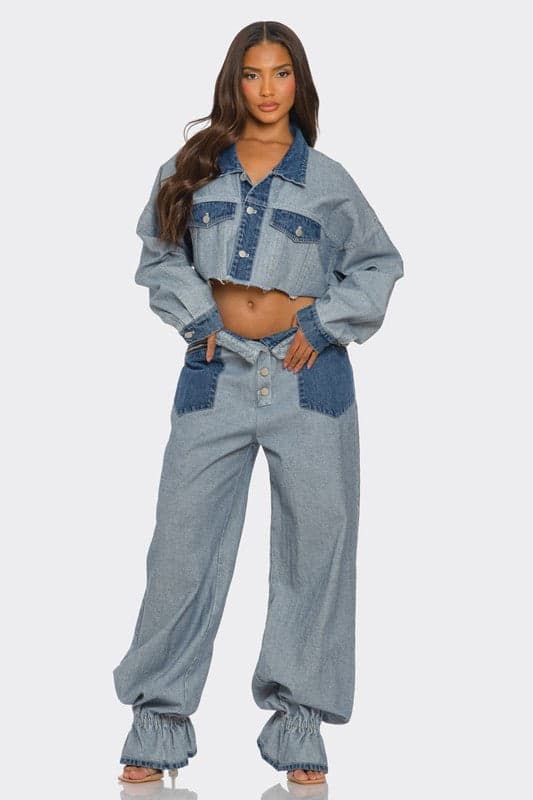 Cropped Contrast Denim Set - DENIM / L - Thumbnail 2