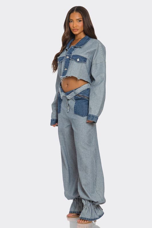 Cropped Contrast Denim Set - DENIM / S - Thumbnail 3
