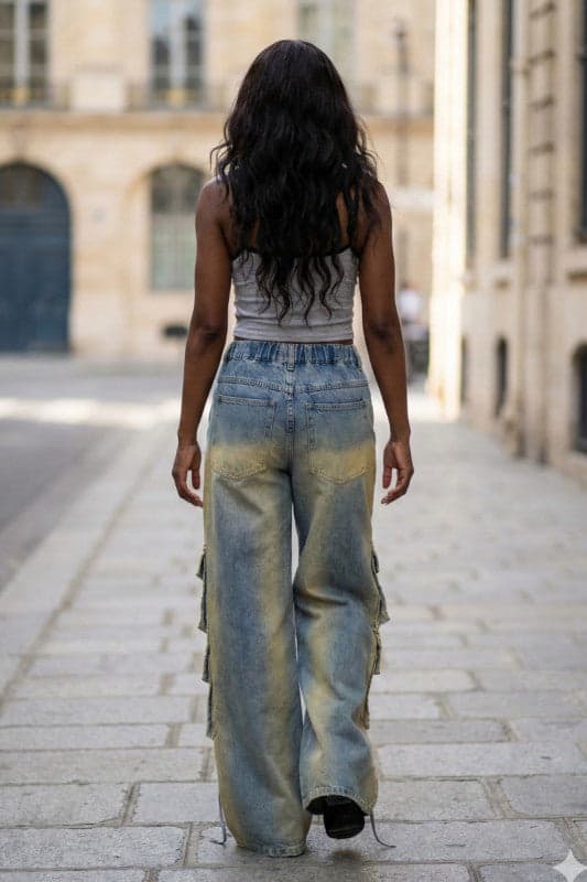 Laced Cargo Wide-Leg Denim Jeans - DENIM WASH / L - Thumbnail 5