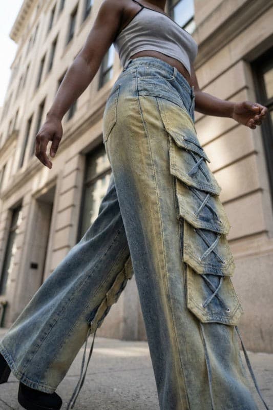 Laced Cargo Wide-Leg Denim Jeans - DENIM WASH / S - Thumbnail 6