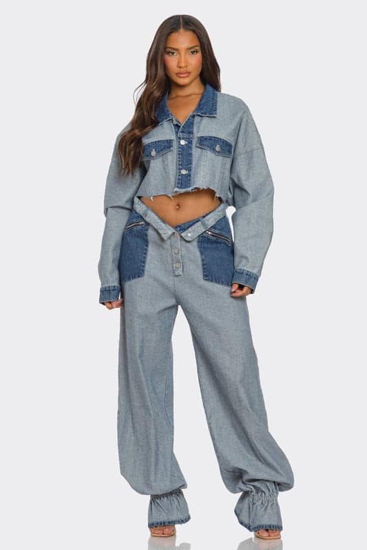 Cropped Contrast Denim Set - DENIM / L - Image 1