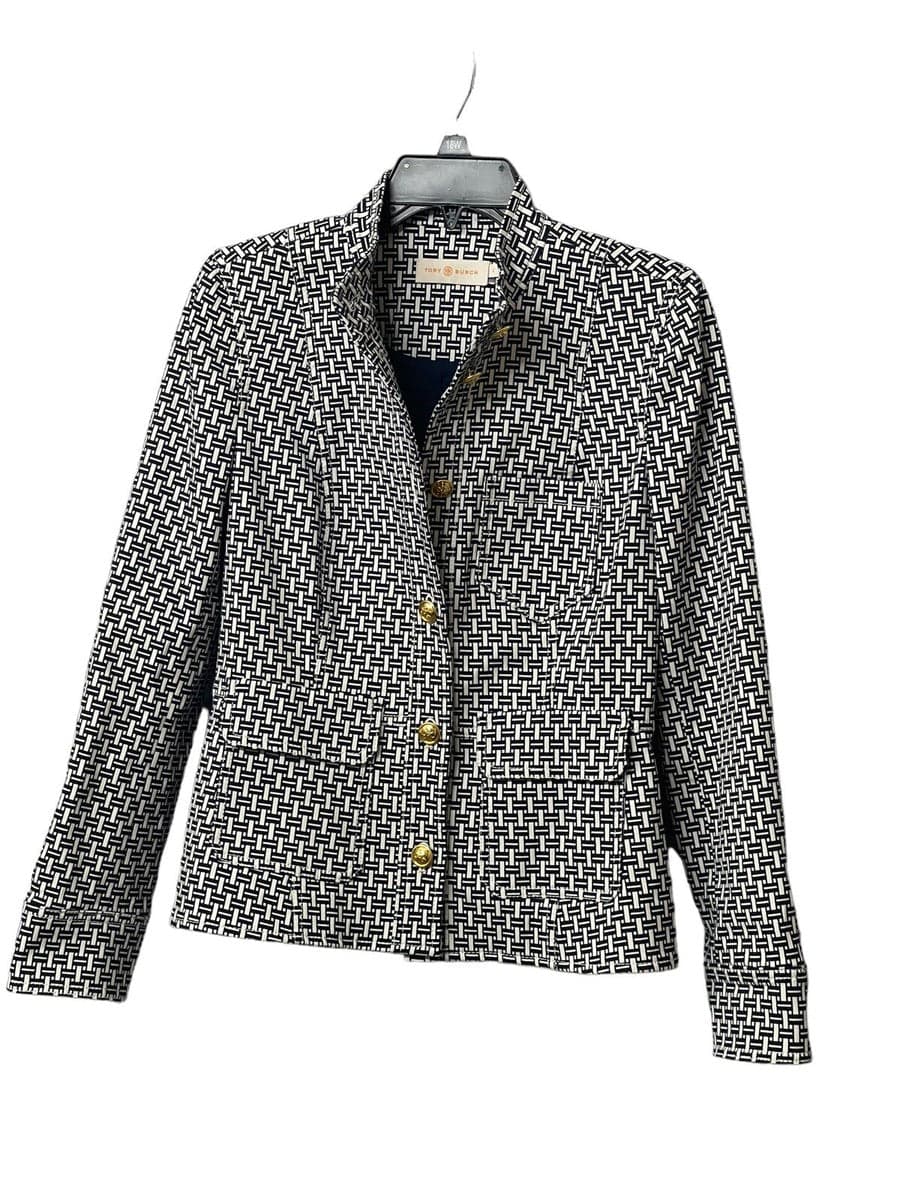 Tory Burch Cameron Jacket Crosshatch Print Ivory/Navy Size 10 - Thumbnail 2