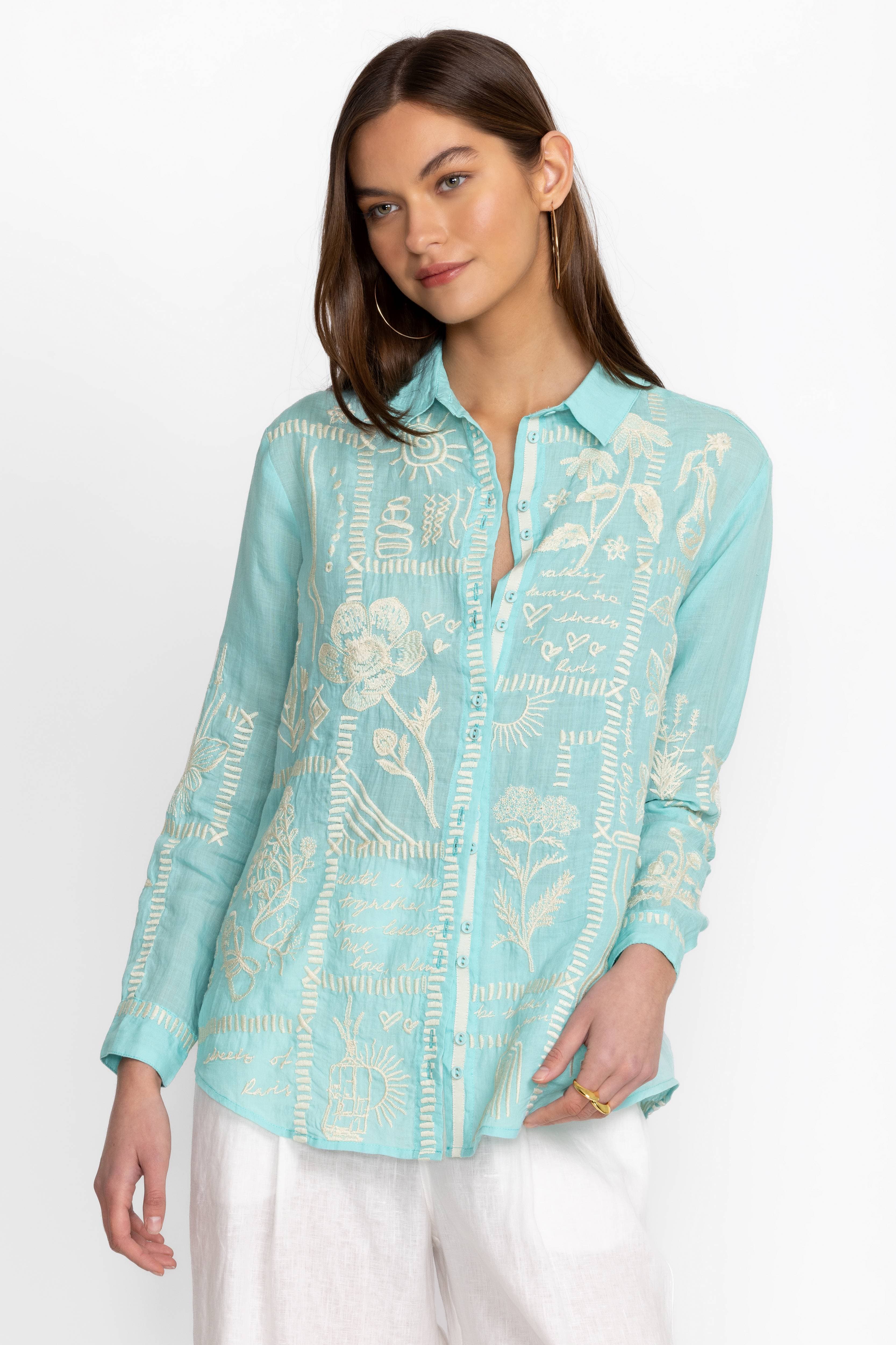 Johnny Was Mint Blue Embellished Blouse Size Medium - Thumbnail 3