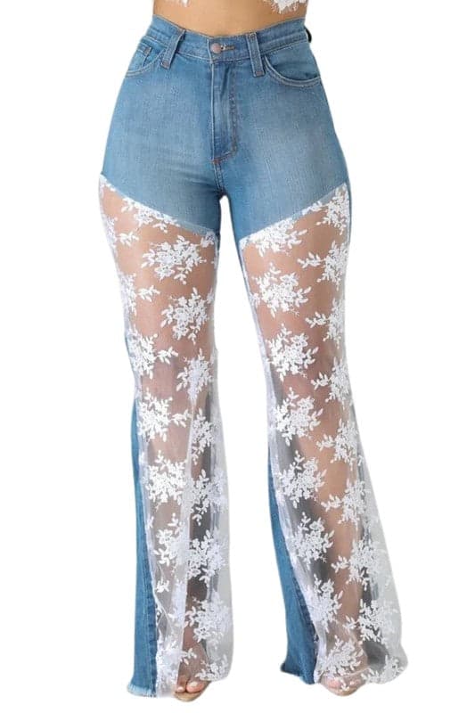 Lace Bell Bottom Jean in Medium Wash - medium blue- inseam 30 / 15 - Image 1