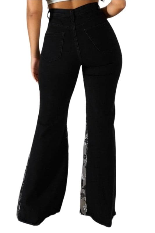 GJG Denim Floral Lace Front Bell Bottom Jean - BLACK REGULAR INSEAM 32" / 3 - Thumbnail 2