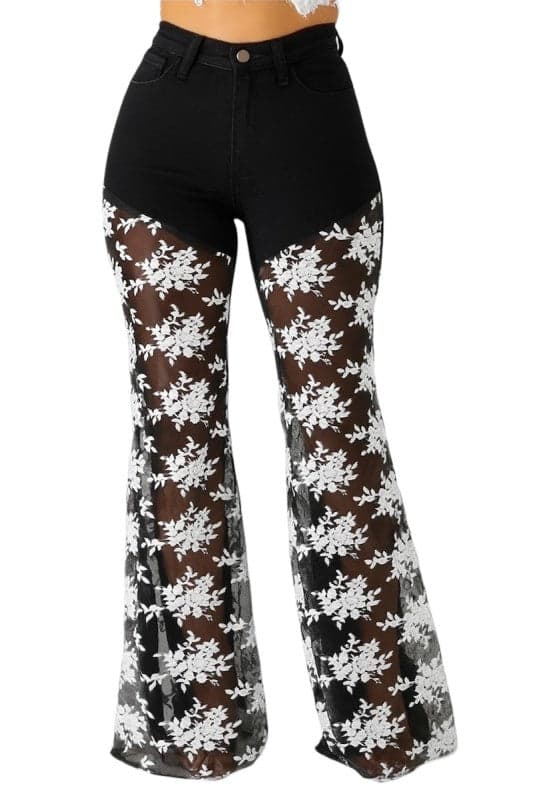 GJG Denim Floral Lace Front Bell Bottom Jean - BLAC- LONG INSEAM 34" / 13 - Image 1
