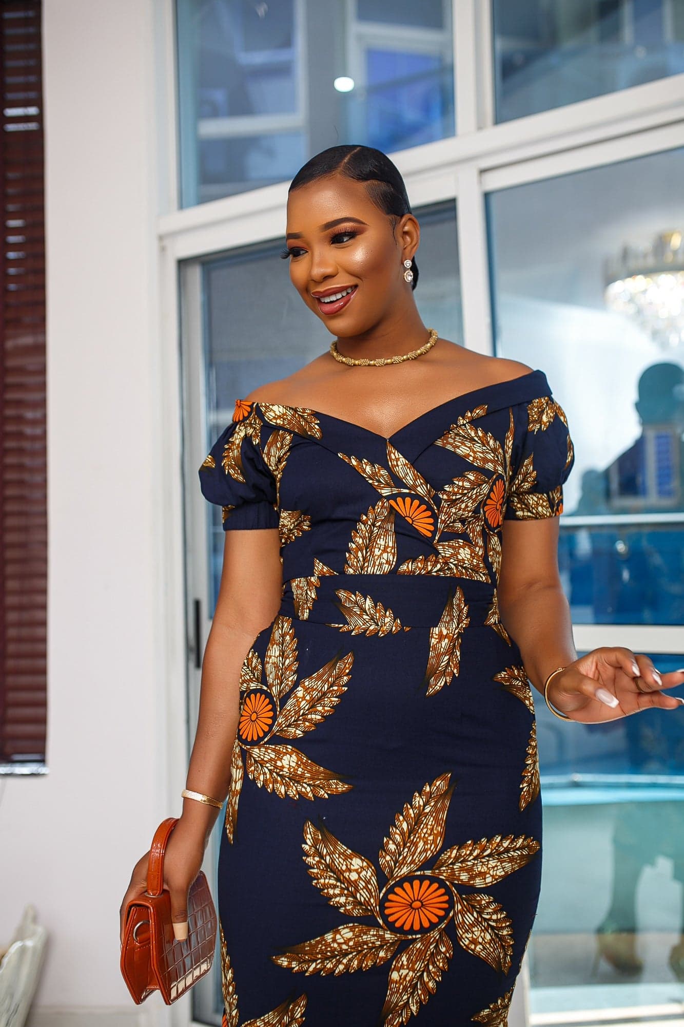 IDIA AFRICAN PRINT OFF SHOULDER MIDI DRESS [NAVY BLUE] - 3X-LARGE - Image 1