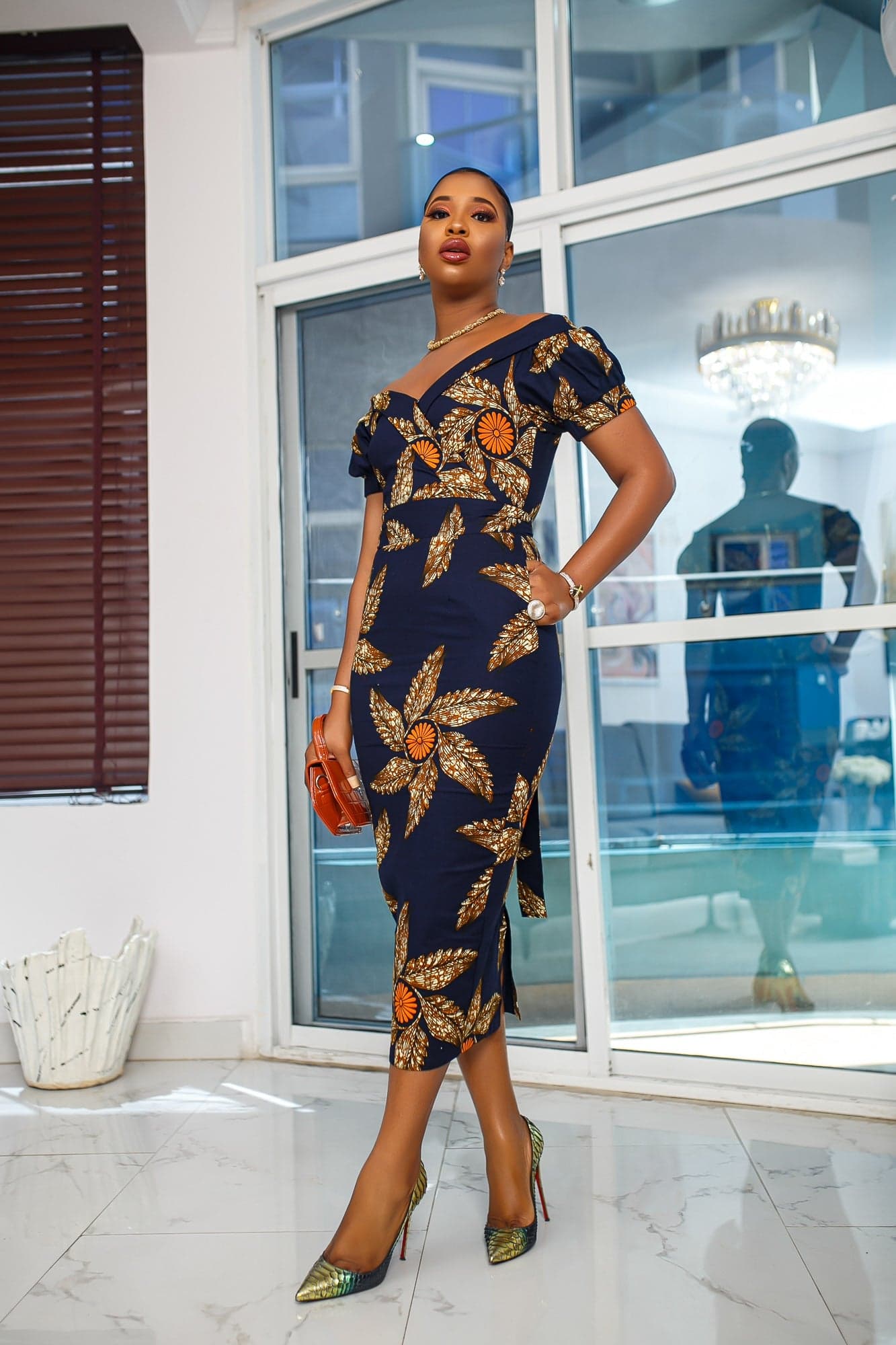 IDIA AFRICAN PRINT OFF SHOULDER MIDI DRESS [NAVY BLUE] - 2X-LARGE - Thumbnail 6