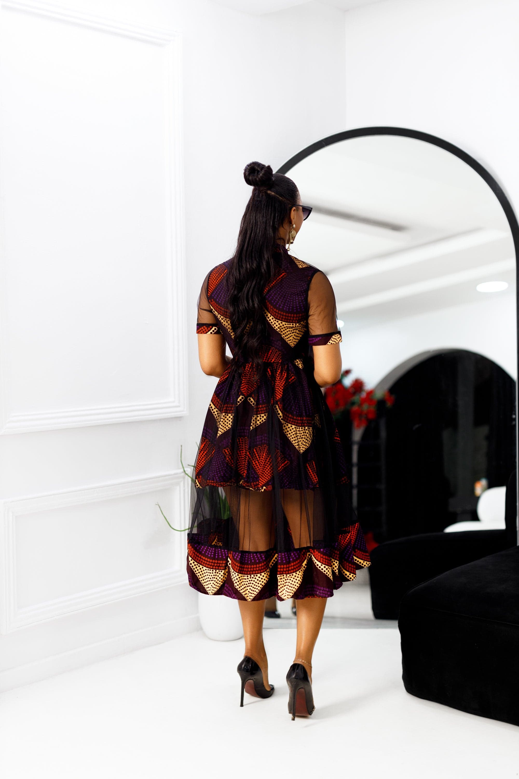 VALENTINA AFRICAN PRINT BUTTON MESH DRESS [PURPLE] - 2X-LARGE - Thumbnail 3