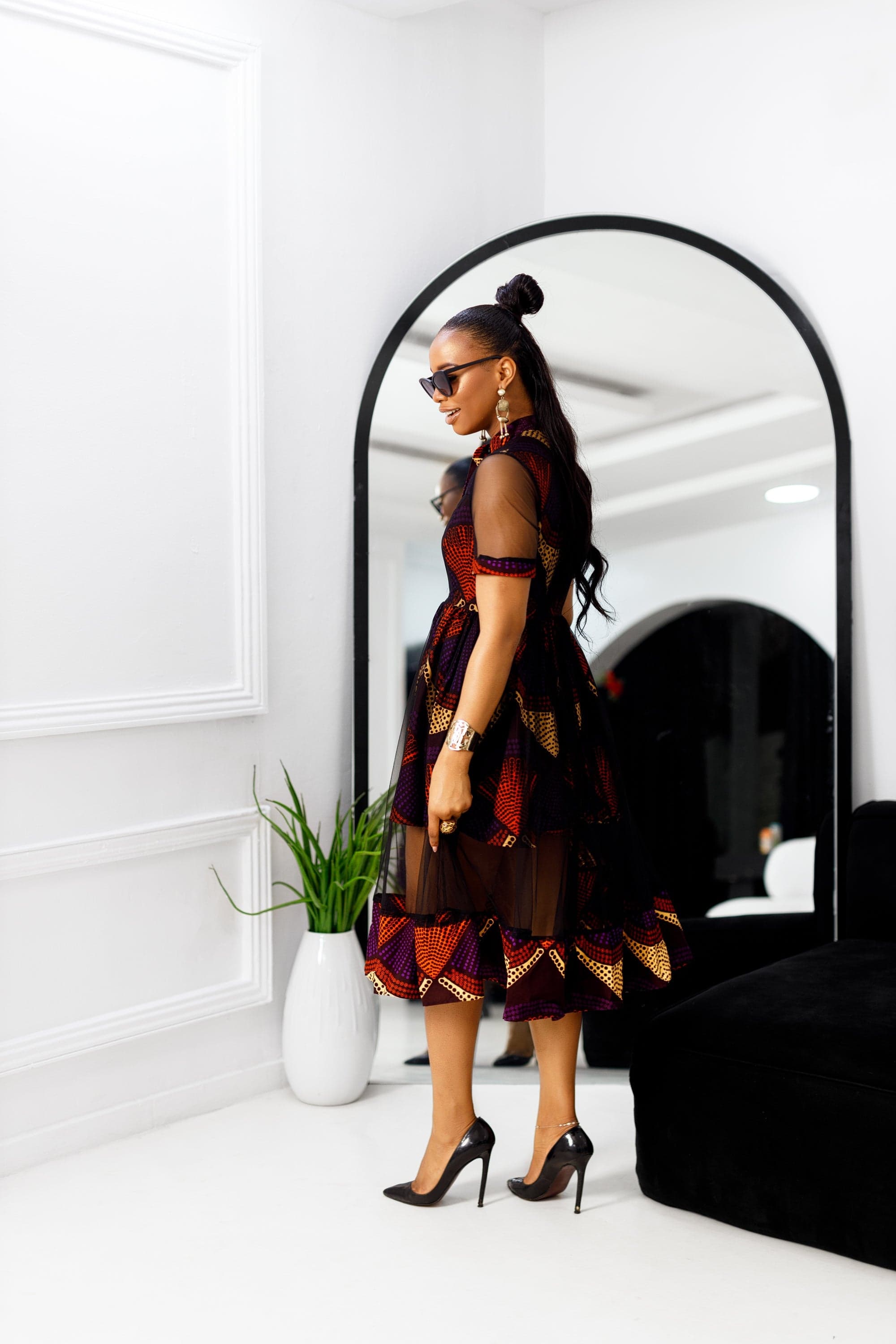 VALENTINA AFRICAN PRINT BUTTON MESH DRESS [PURPLE] - 2X-LARGE - Thumbnail 4