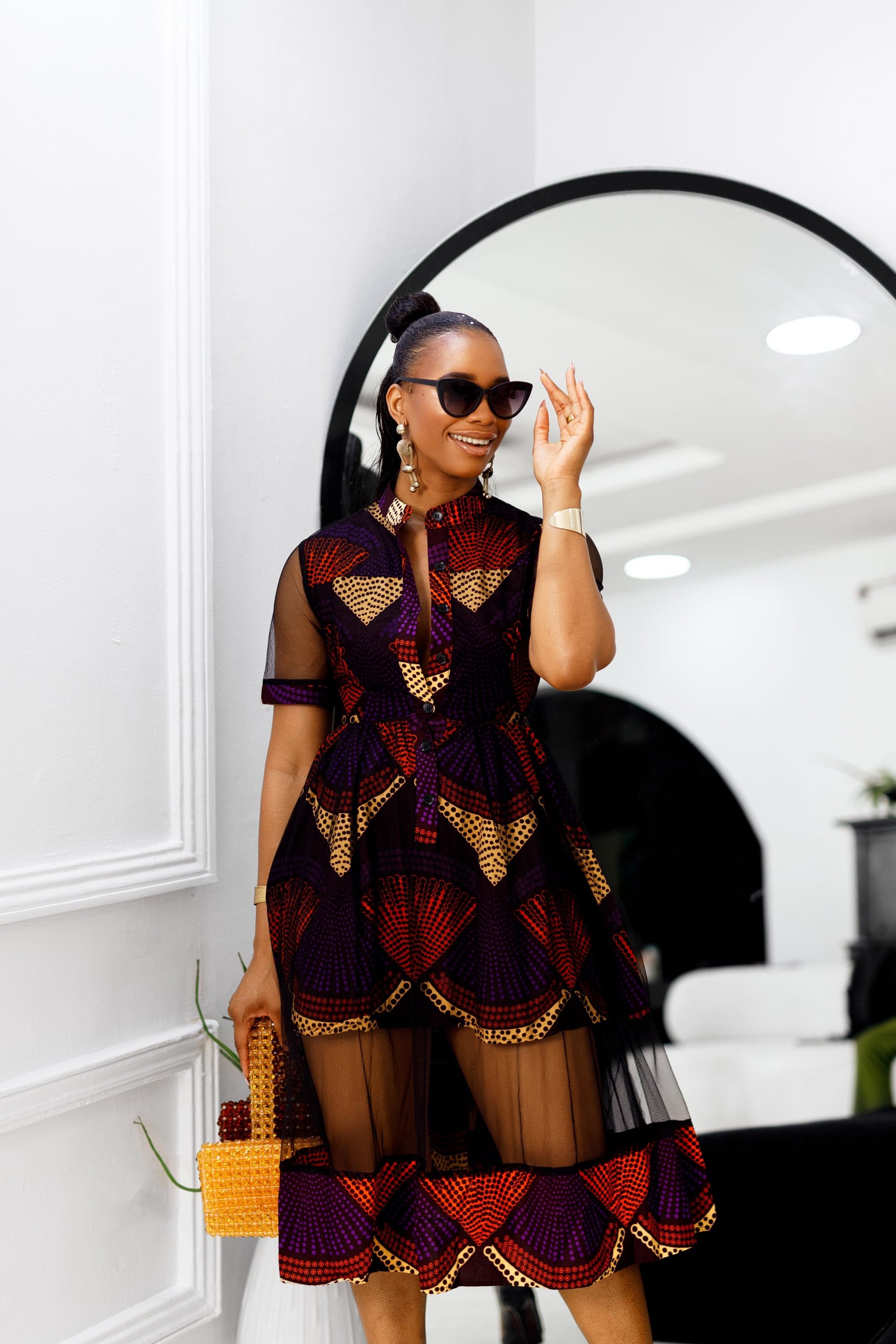 VALENTINA AFRICAN PRINT BUTTON MESH DRESS [PURPLE] - 2X-LARGE - Image 1