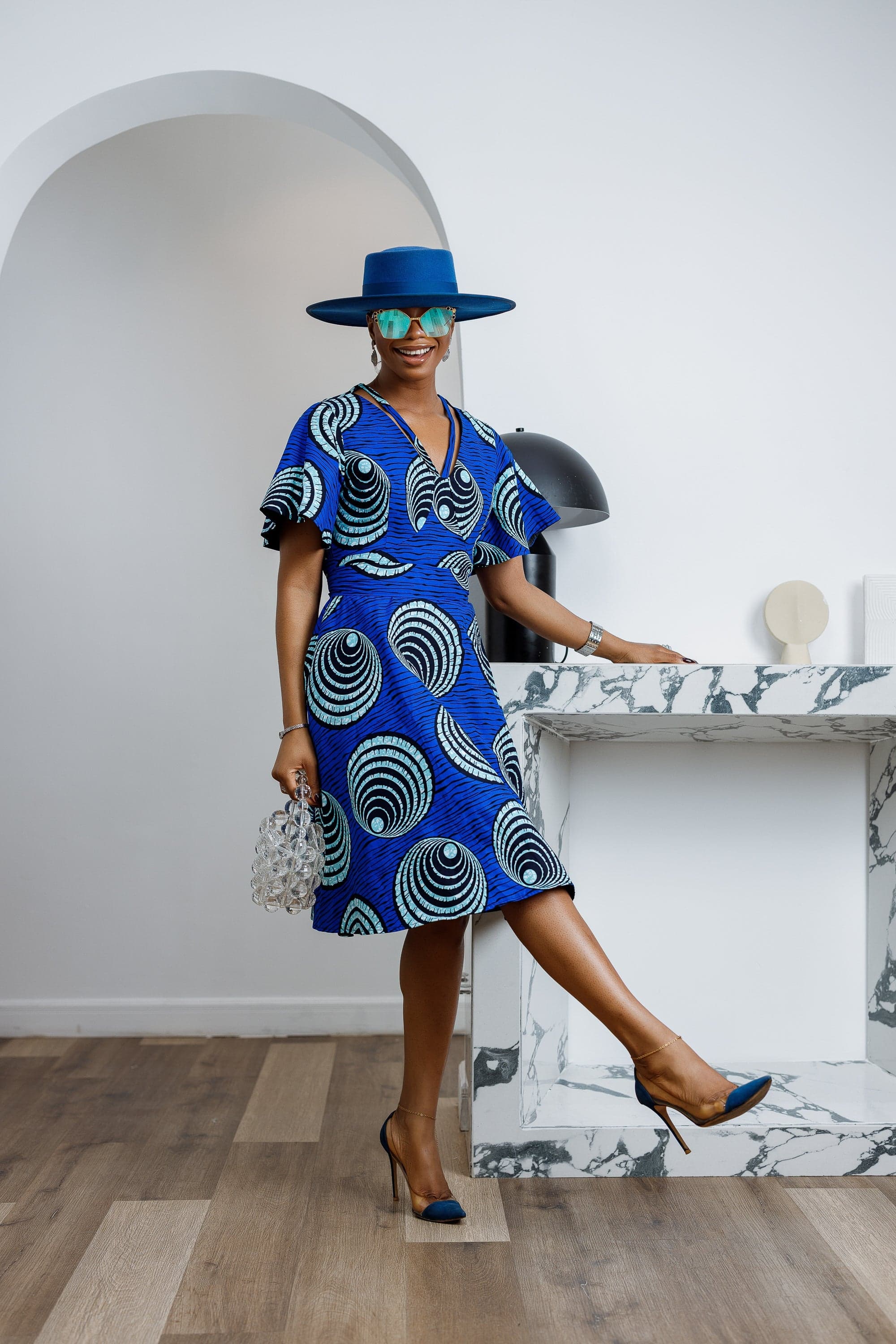 TOSIN AFRICAN PRINT FLUTTER SLEEVE DRESS [BLUE]----FINAL SALE - 2X-LARGE - Image 1