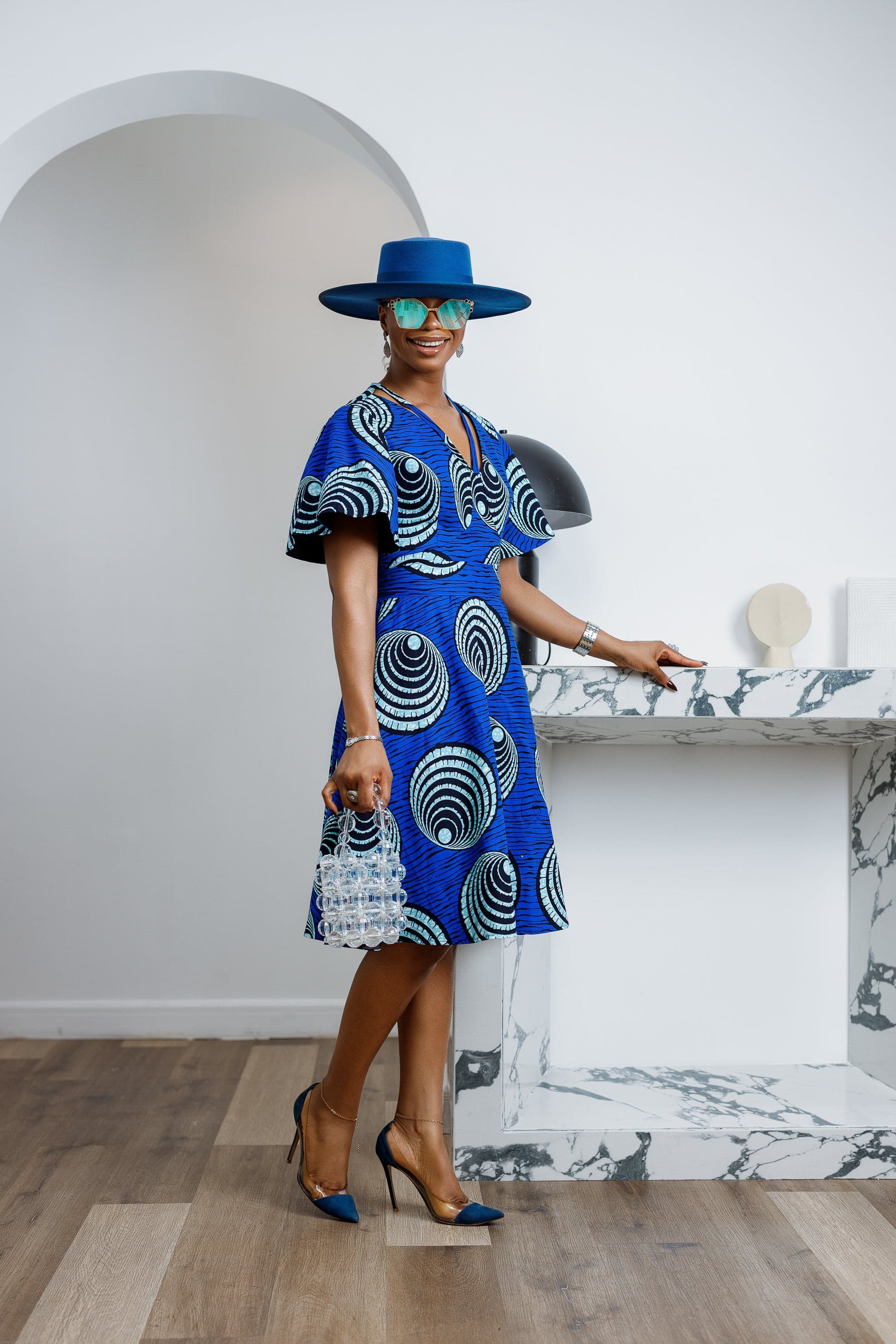 TOSIN AFRICAN PRINT FLUTTER SLEEVE DRESS [BLUE]----FINAL SALE - 2X-LARGE - Thumbnail 4