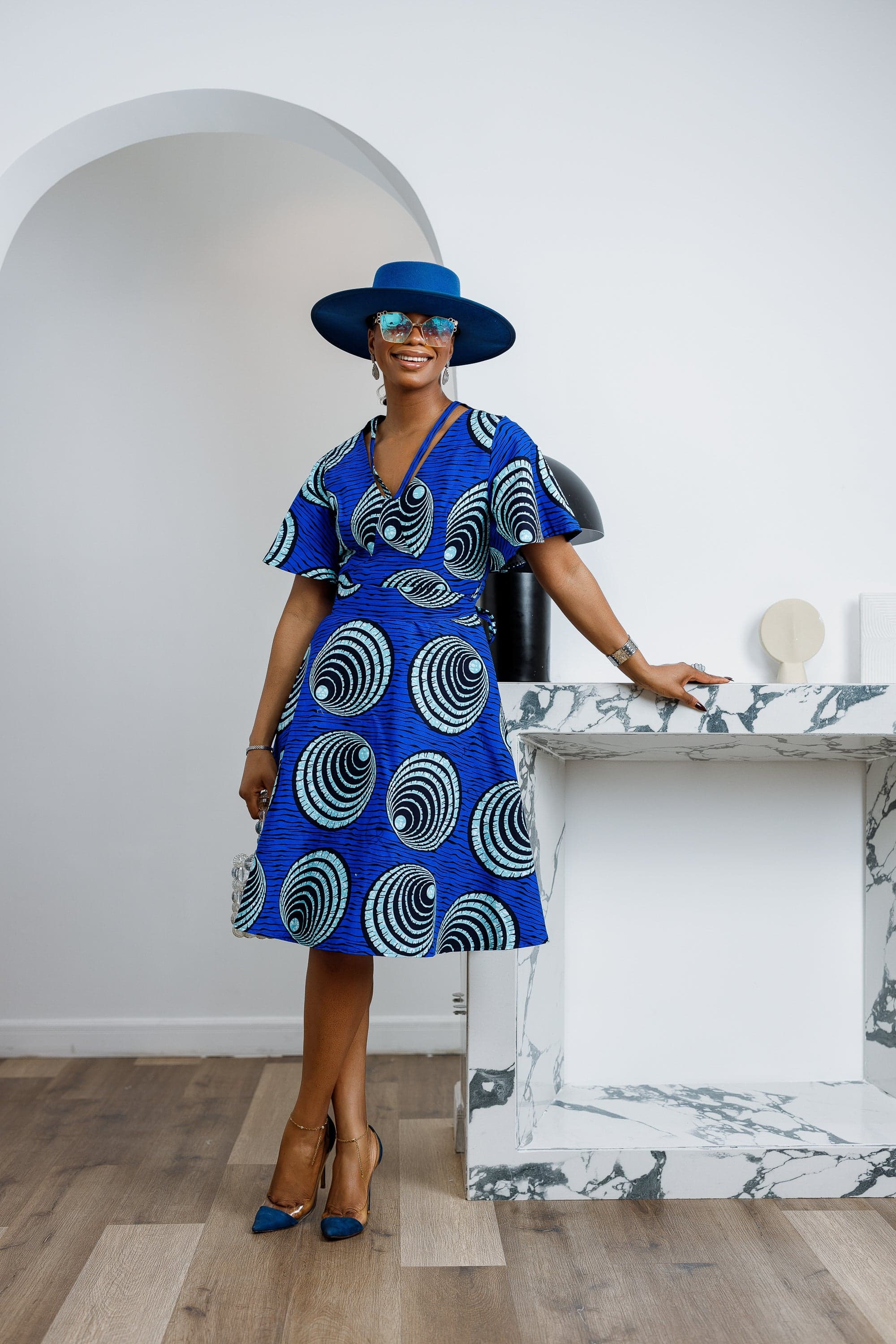 TOSIN AFRICAN PRINT FLUTTER SLEEVE DRESS [BLUE]----FINAL SALE - 3X-LARGE - Thumbnail 3