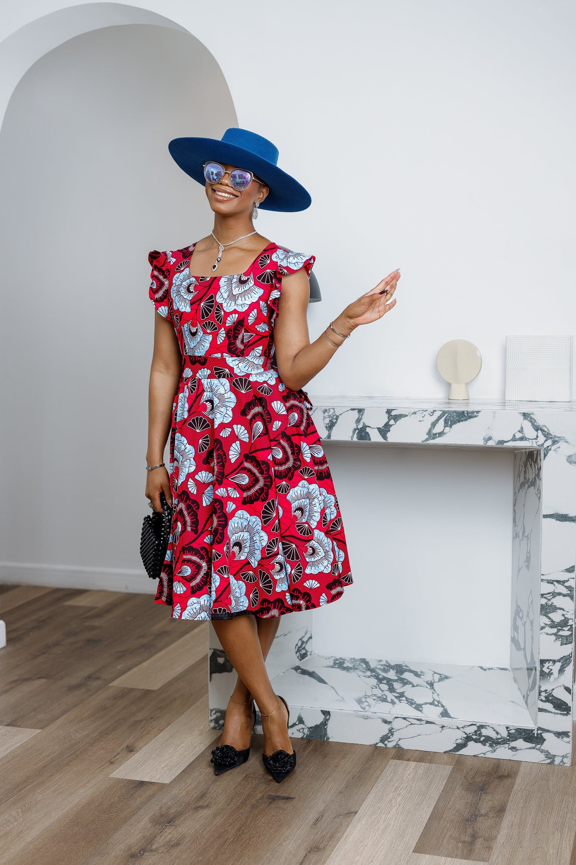 MALIKA AFRICAN PRINT FRILL SLEEVE DRESS [RED] - 2X-LARGE - Thumbnail 3