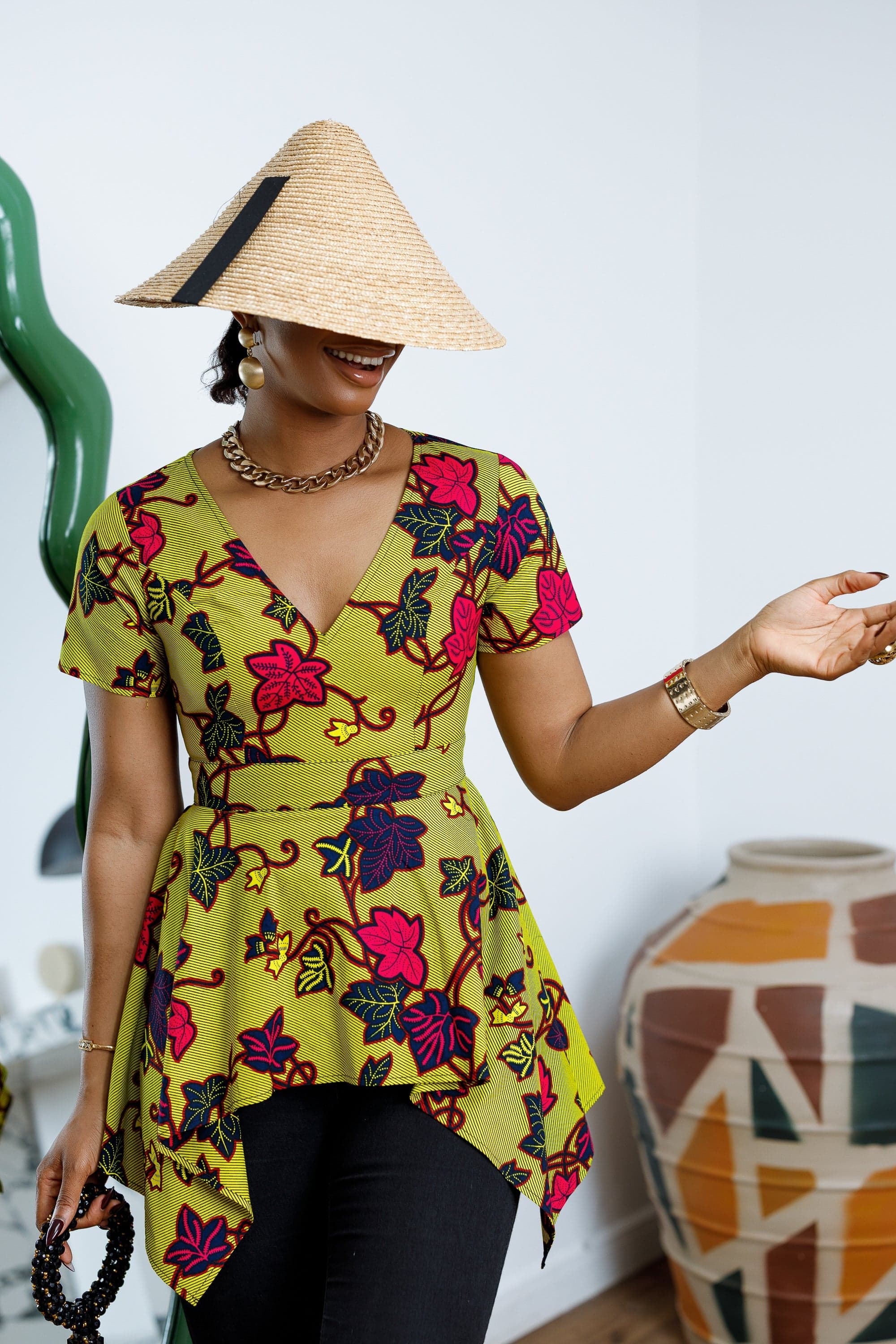 EBUN AFRICAN PRINT ASYMMETRIC PEPLUM TOP [GREEN] - 1X-LARGE - Thumbnail 3