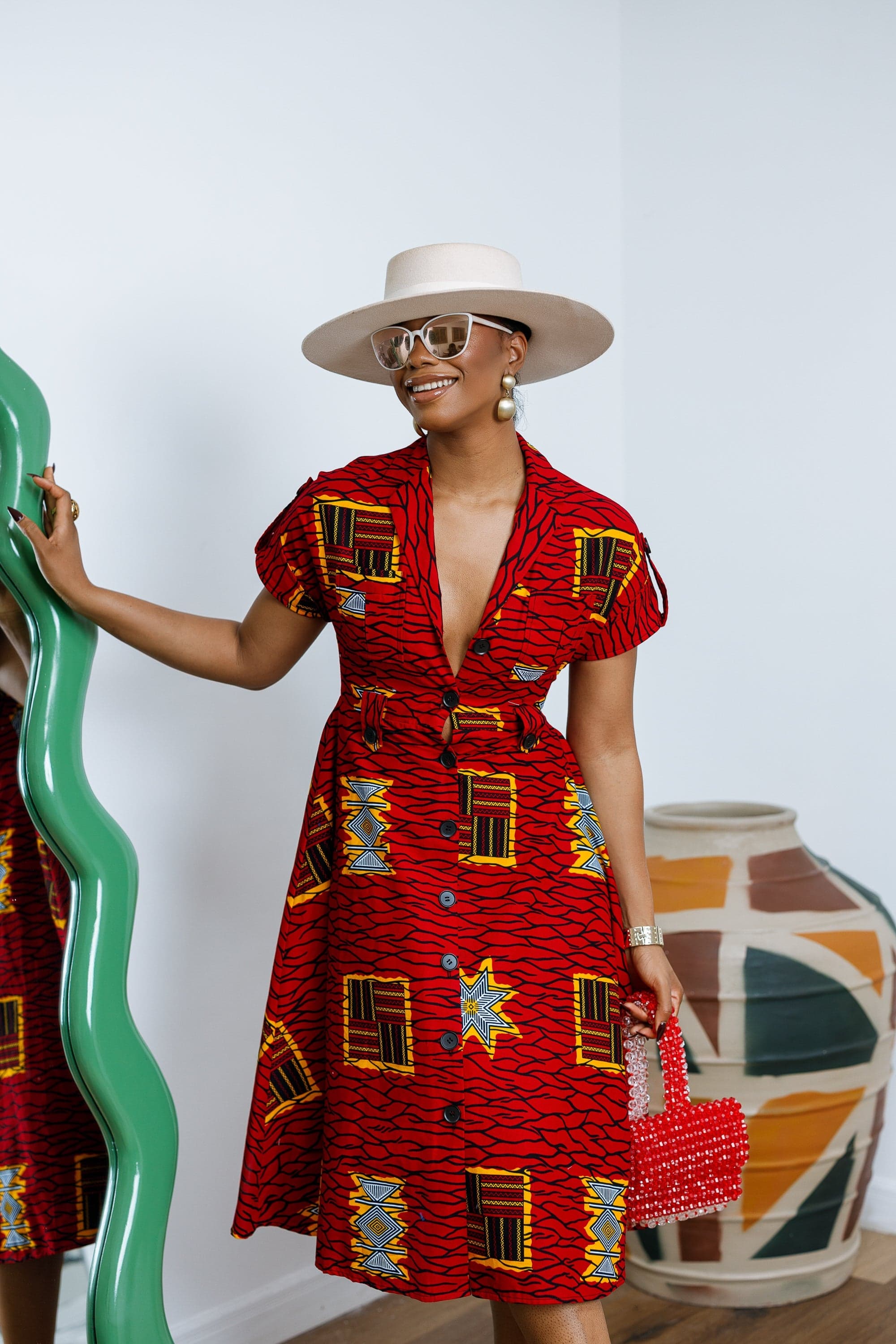 JULIET AFRICAN PRINT MIDI DRESS [RED]---- FINAL SALE - LARGE - Image 1