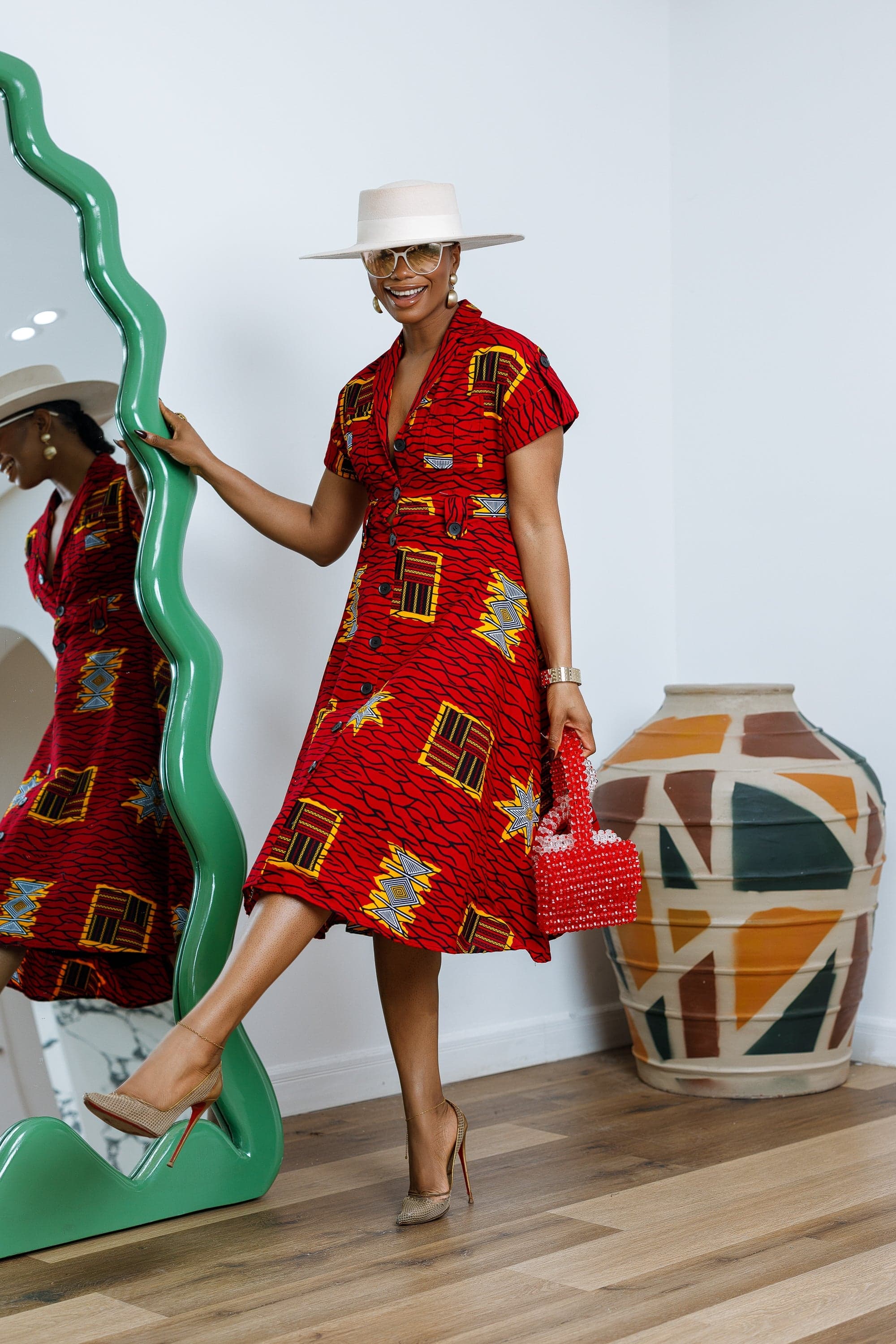 JULIET AFRICAN PRINT MIDI DRESS [RED]---- FINAL SALE - LARGE - Thumbnail 3