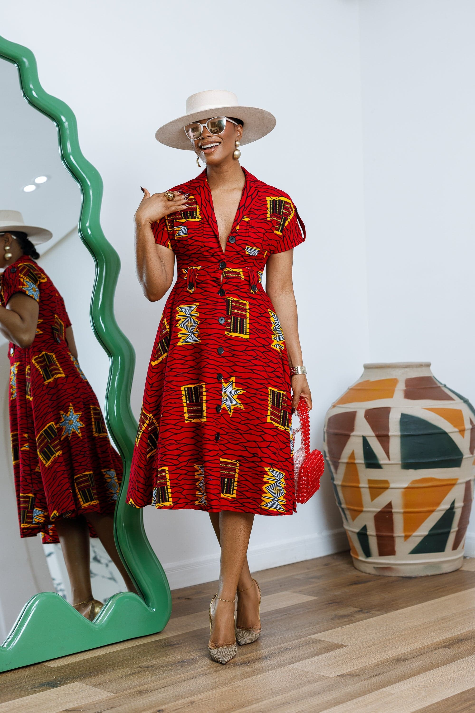 JULIET AFRICAN PRINT MIDI DRESS [RED]---- FINAL SALE - LARGE - Thumbnail 2