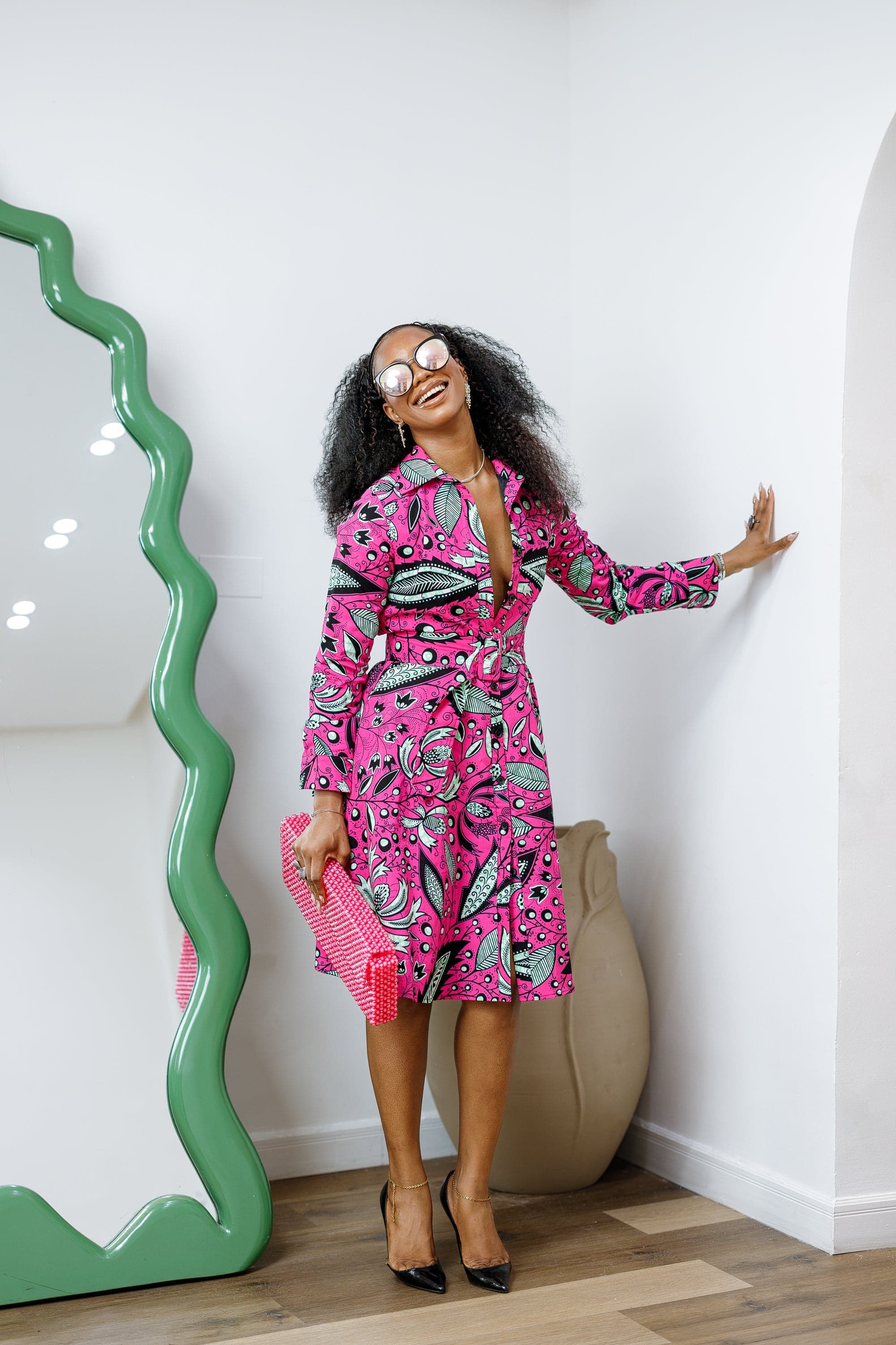 ELIZABETH AFRICAN PRINT BUTTON DOWN DRESS [PINK] - 1X-LARGE - Thumbnail 3