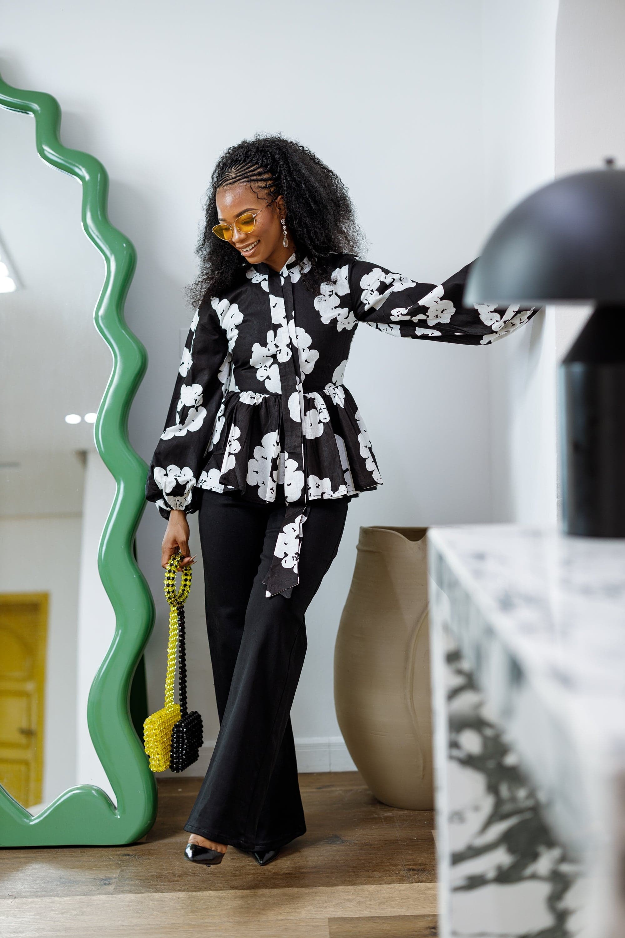 BIBI AFRICAN PRINT TIE NECK PEPLUM TOP [BLACK] - 2X-LARGE - Thumbnail 3