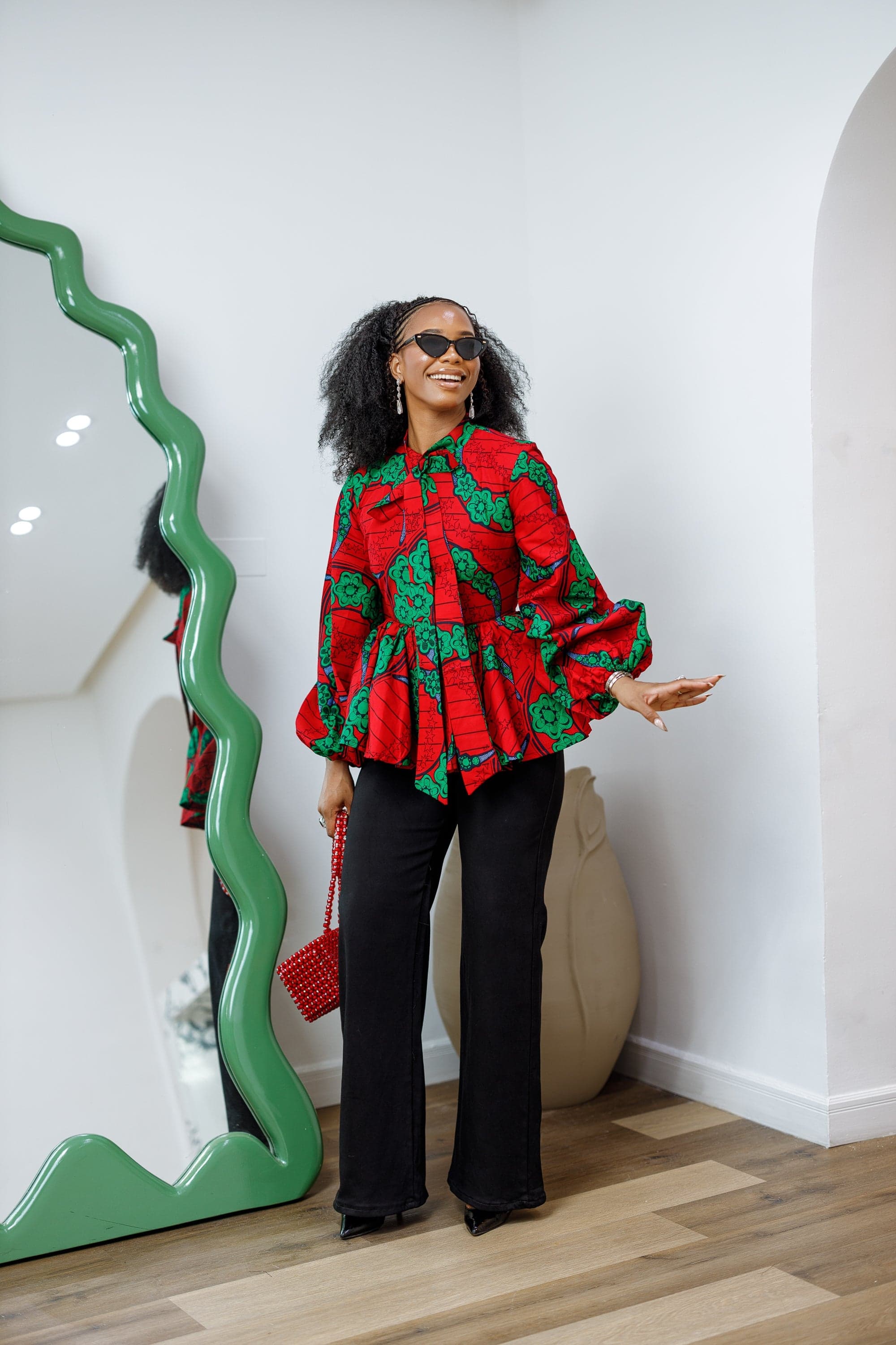 BIBI AFRICAN PRINT TIE NECK PEPLUM TOP [RED] - 3X-LARGE - Thumbnail 3