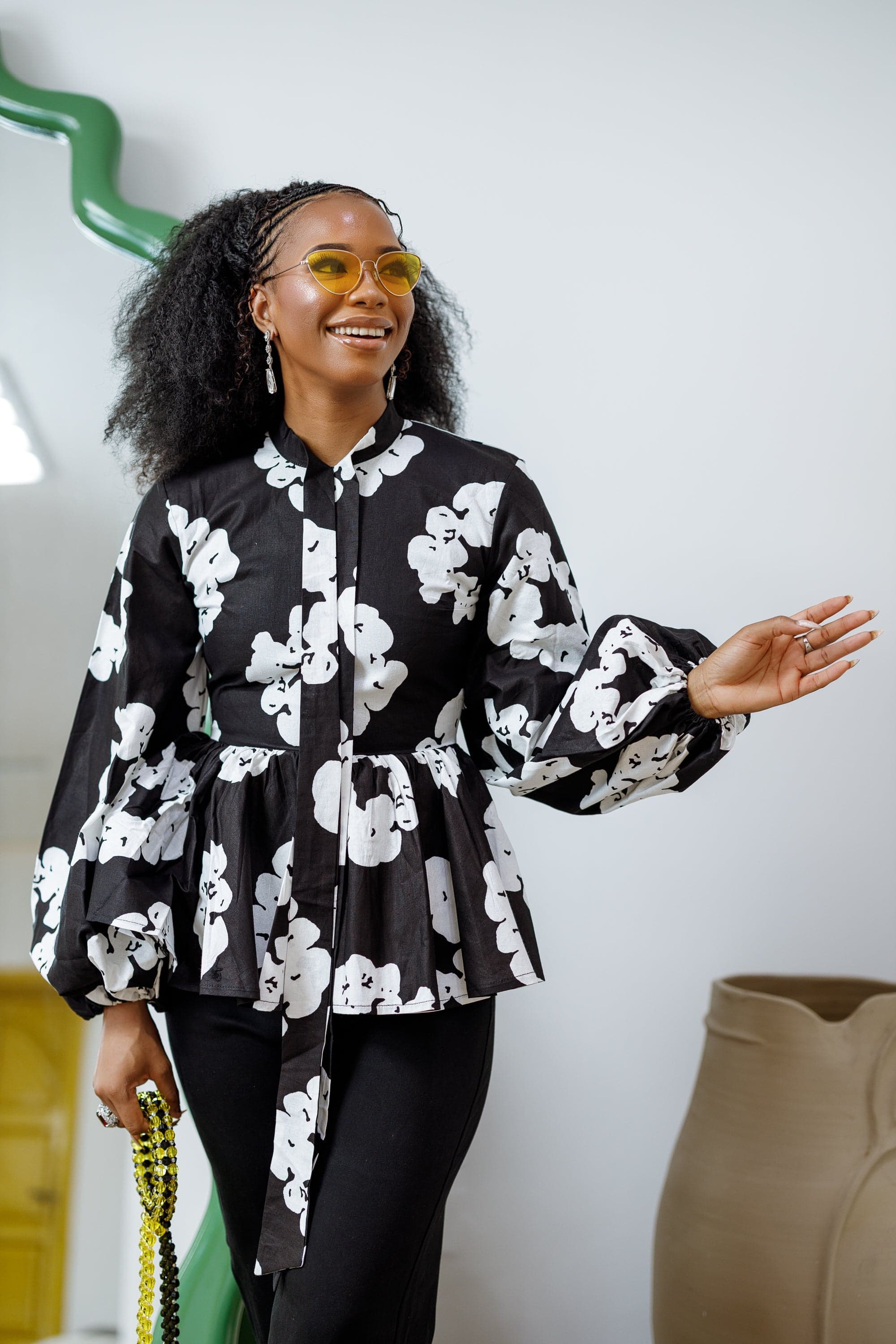 BIBI AFRICAN PRINT TIE NECK PEPLUM TOP [BLACK] - MEDIUM - Image 1