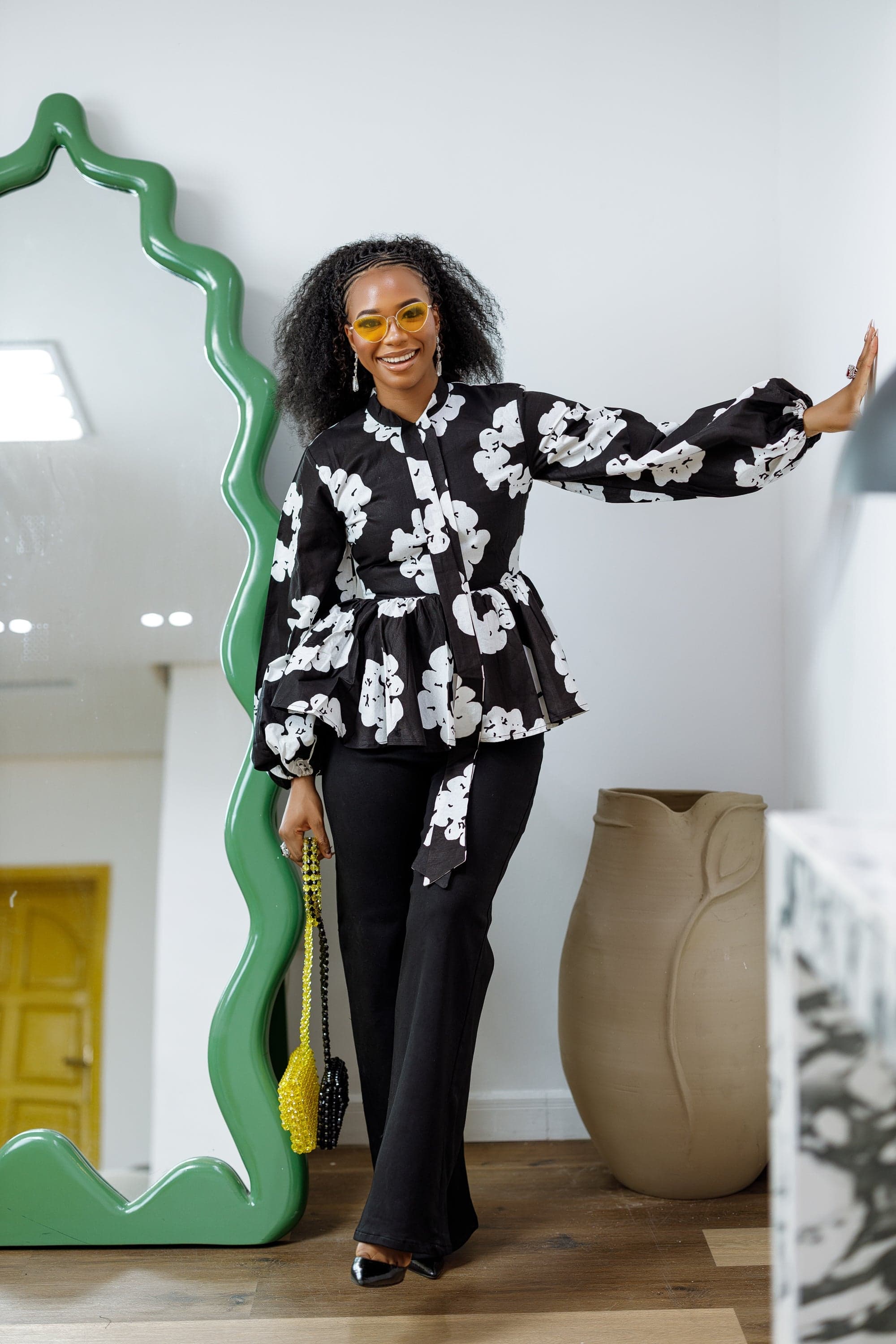 BIBI AFRICAN PRINT TIE NECK PEPLUM TOP [BLACK] - MEDIUM - Thumbnail 2