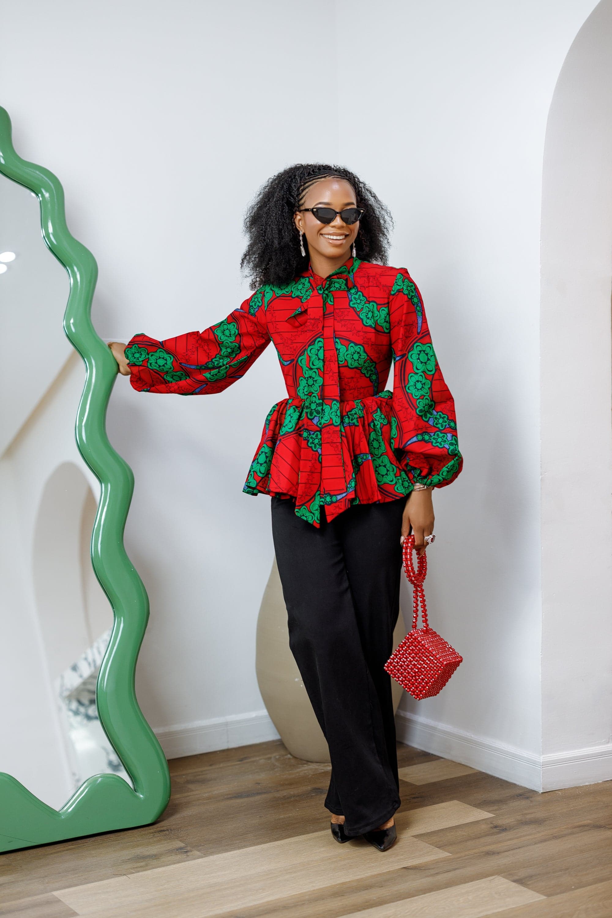 BIBI AFRICAN PRINT TIE NECK PEPLUM TOP [RED] - MEDIUM - Image 1