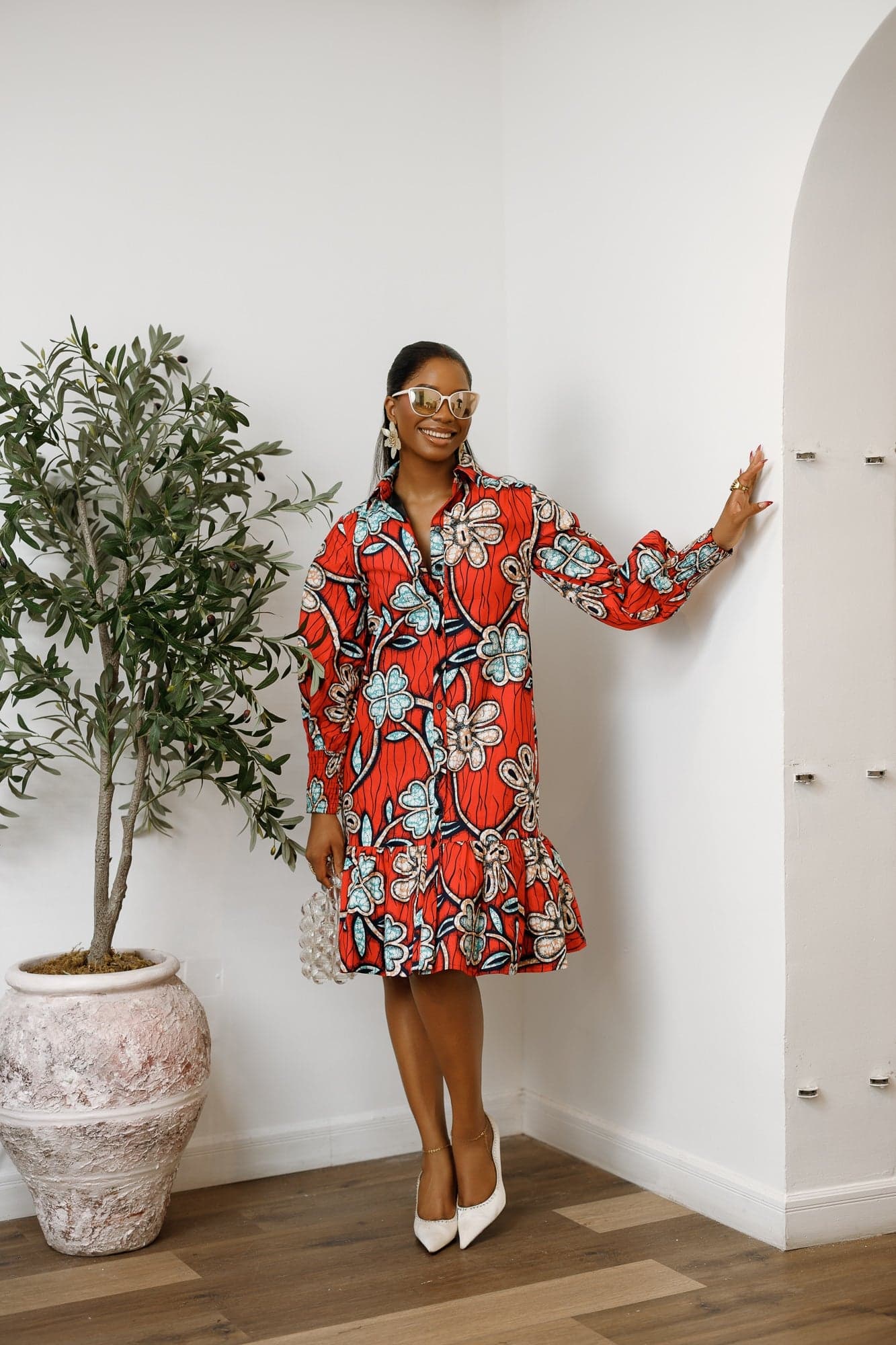 JUMOKE AFRICAN PRINT RUFFLE HEM SHIRT DRESS - SMALL - Thumbnail 3