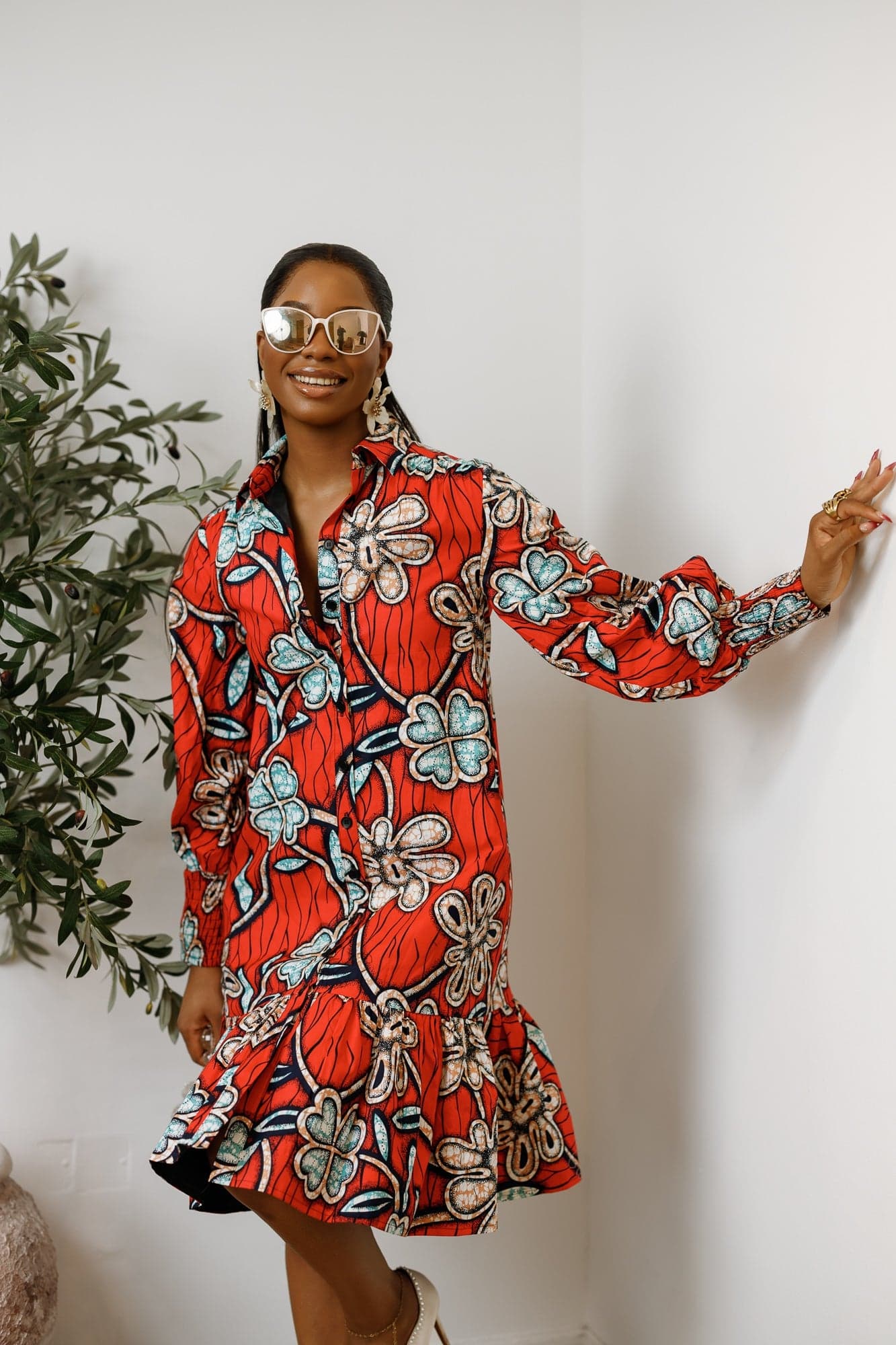 JUMOKE AFRICAN PRINT RUFFLE HEM SHIRT DRESS - 2X-LARGE - Image 1