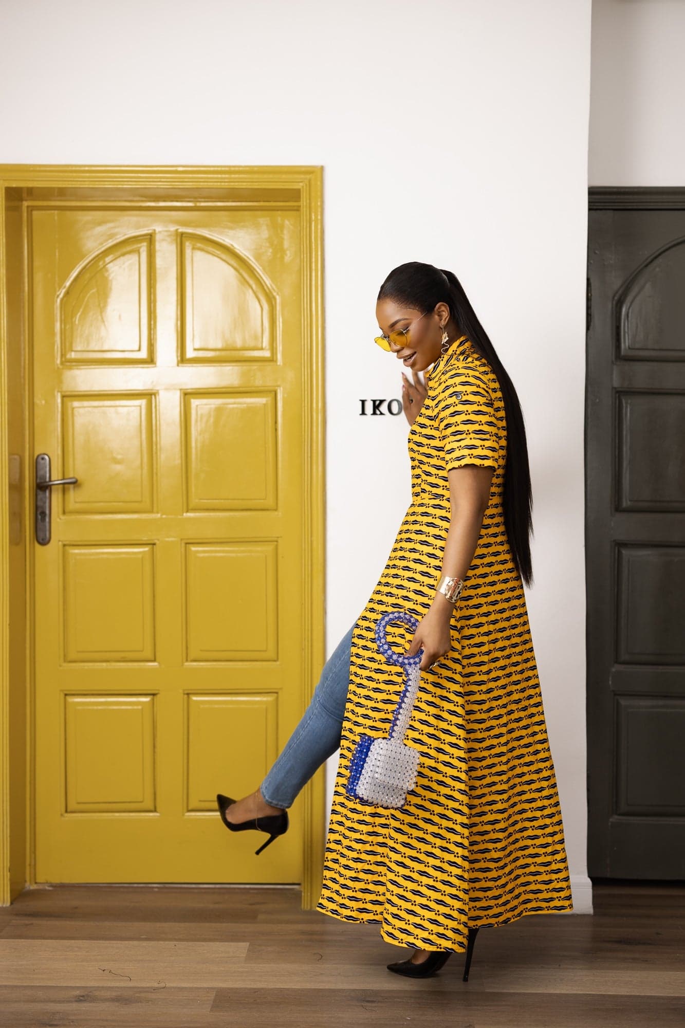 FOLA AFRICAN PRINT COLLARED ZIP FRONT TOP DRESS [YELLOW] - SMALL - Thumbnail 4