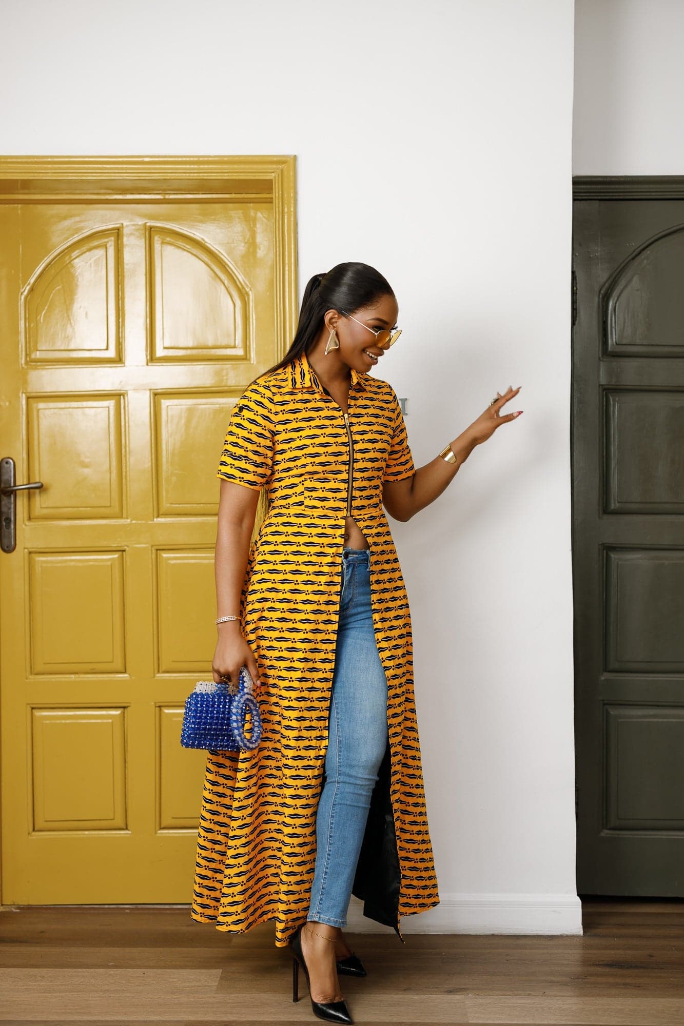 FOLA AFRICAN PRINT COLLARED ZIP FRONT TOP DRESS [YELLOW] - 1X-LARGE - Thumbnail 2