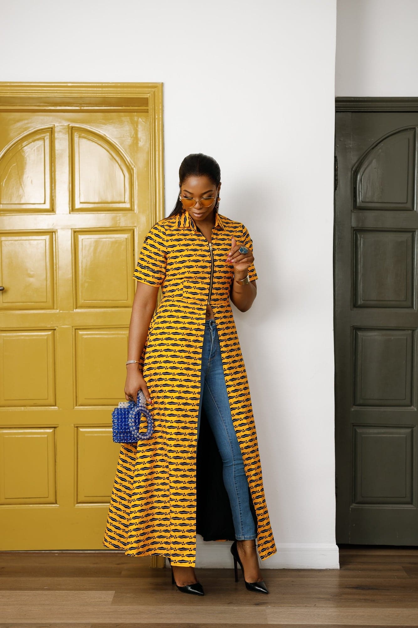FOLA AFRICAN PRINT COLLARED ZIP FRONT TOP DRESS [YELLOW] - SMALL - Image 1