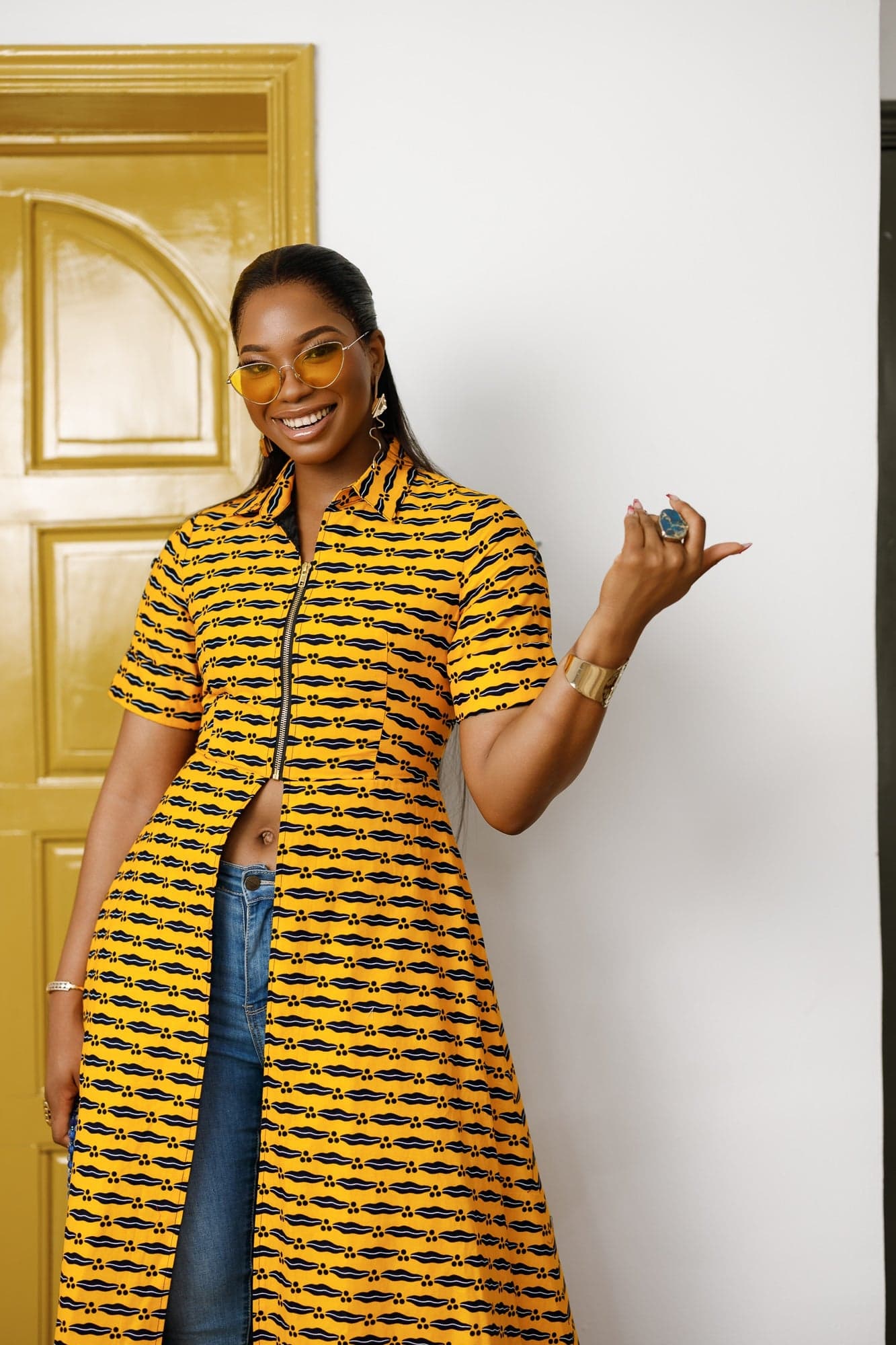 FOLA AFRICAN PRINT COLLARED ZIP FRONT TOP DRESS [YELLOW] - MEDIUM - Thumbnail 5