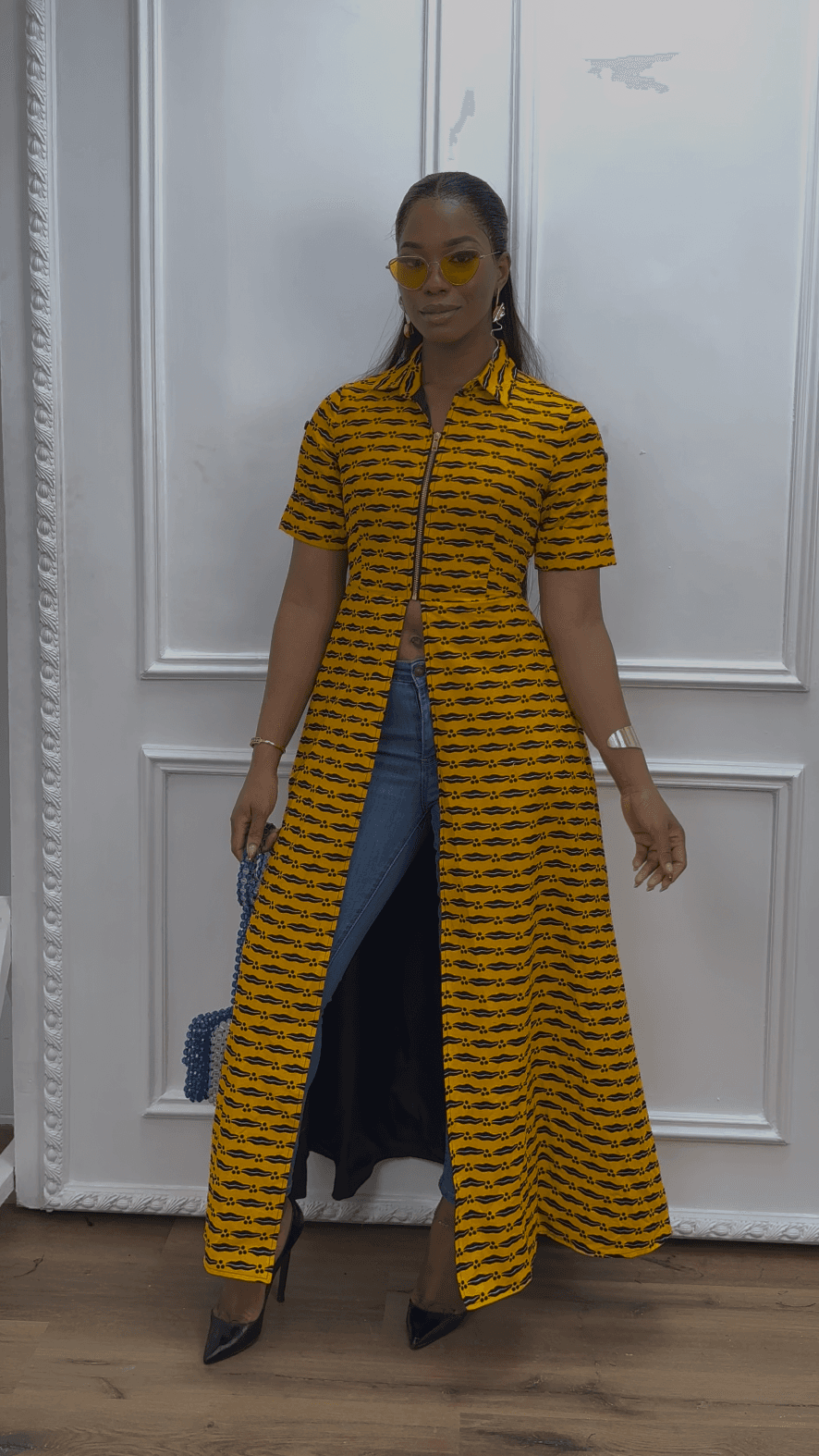 FOLA AFRICAN PRINT COLLARED ZIP FRONT TOP DRESS [YELLOW] - 3X-LARGE - Thumbnail 3