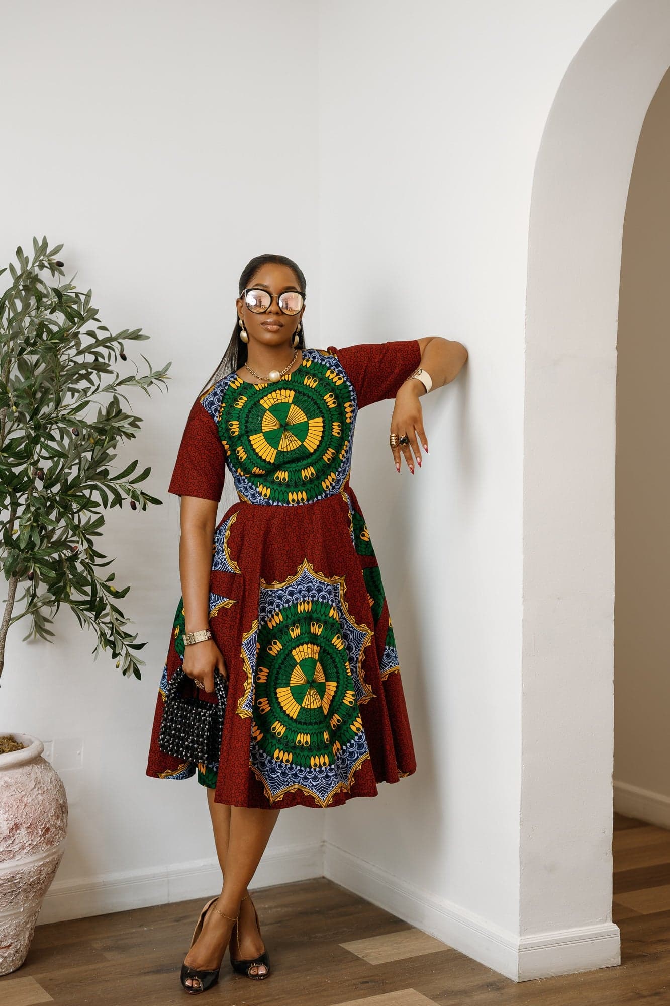 MARIAMA AFRICAN PRINT MIDI DRESS [GREEN] - LARGE - Image 1